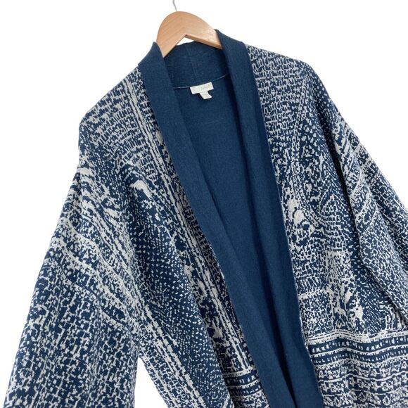 Pure Jill Cardigan Sweater Womens Medium Blue White Geo Print Cotton Open Front - Picture 10 of 16